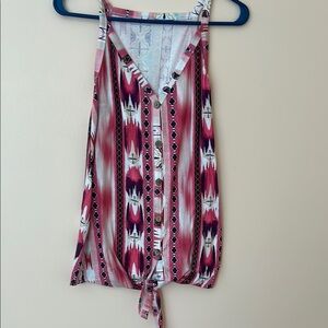 Pink and White Sleeveless Tie Front Tank Top
